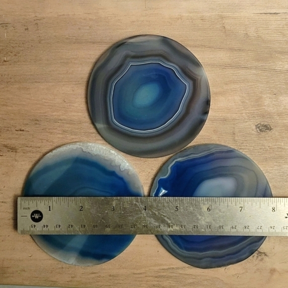 Set of 3 Perfectly Round Marine Blue ~ GENUINE Agate Coasters Slices - Picture 4 of 4